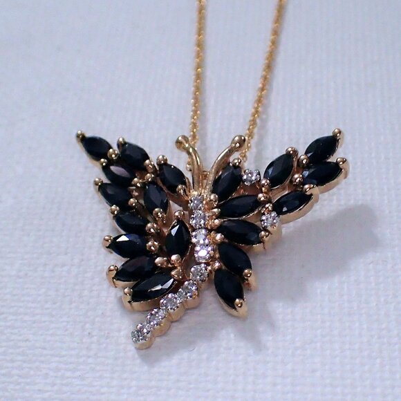 Genuine Midnight Sapphire and Diamond Butterfly Pendant - Picture 1 of 7